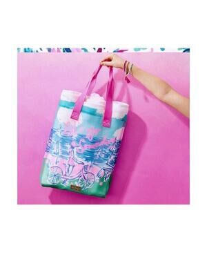 Lilly Pulitzer "Let's Go Somewhere" Mesh Tote Beach Bag Bicycle Print Pink Blue